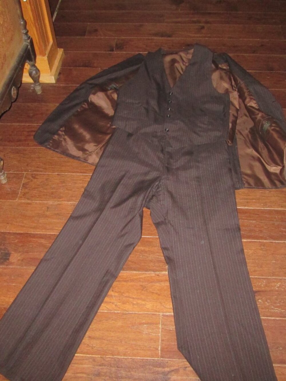Mens 44 R 3 pc Mod brown pinstripe suit wool Foreman clark loose wide leg pants
